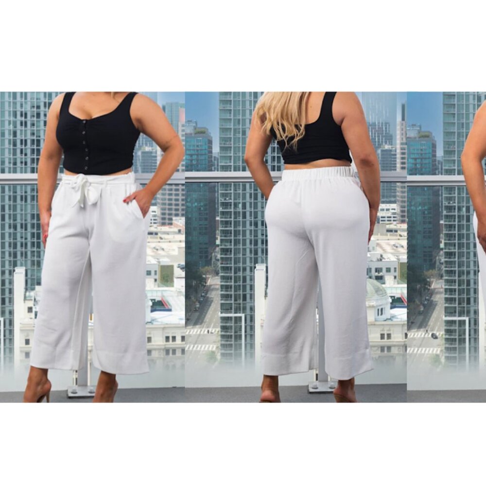 NEW Plus Size  elastic waist self tie Wide leg White Capri Pants with 2 Pockets